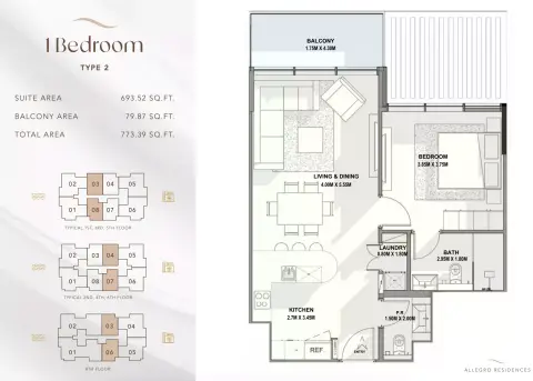 Plattegrond van 1 slaapkamer in Allegro Residences