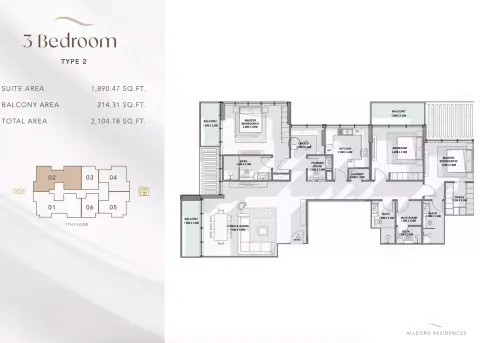 Plattegrond van 3 slaapkamers in Allegro Residences
