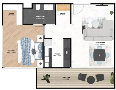 Plattegrond van 1 slaapkamer in Hatimi Residences