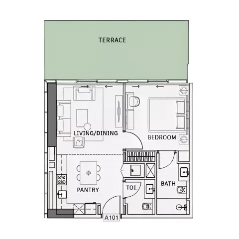 Plattegrond van 1 slaapkamer in One Sky Park By Iman Developers