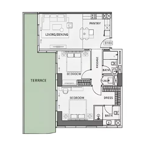 Plattegrond van 2 slaapkamers in One Sky Park By Iman Developers