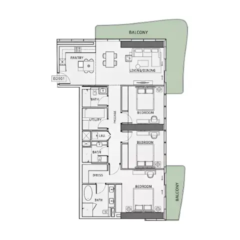 Plattegrond van 3 slaapkamers in One Sky Park By Iman Developers