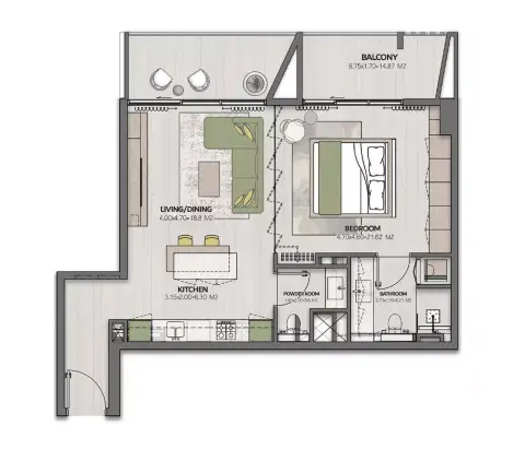 Plattegrond van 1 slaapkamer in The Cube Residences