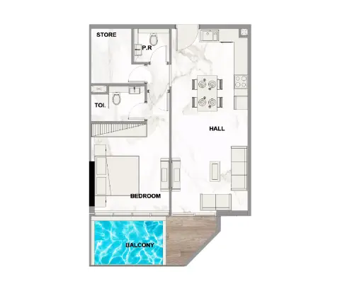 Plattegrond van 1 slaapkamer in Peace Lagoons