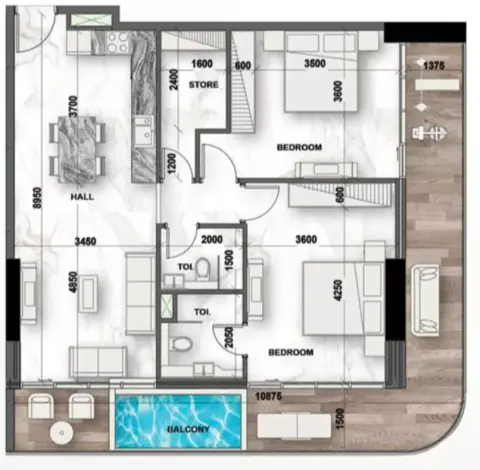 Plattegrond van 2 slaapkamers in Peace Lagoons