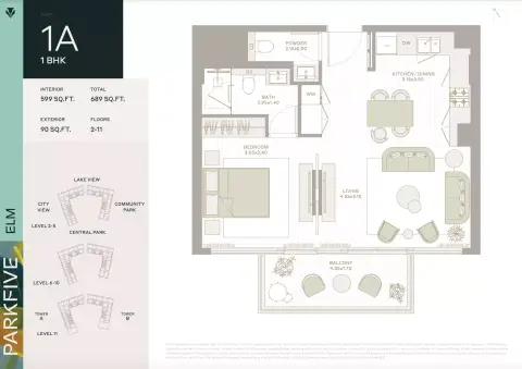Plattegrond van 1 slaapkamer in Park Five By Deyaar