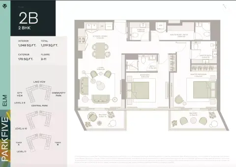 Plattegrond van 2 slaapkamers in Park Five By Deyaar