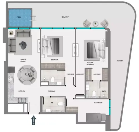 Plattegrond van 2 slaapkamers in Samana Resorts