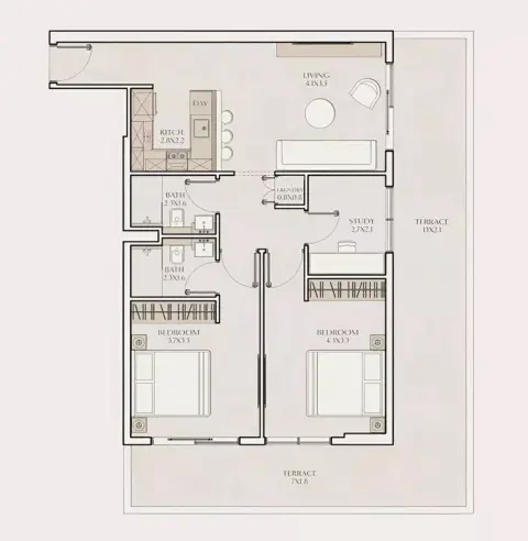 Plattegrond van 2 slaapkamers in Tavora Residences