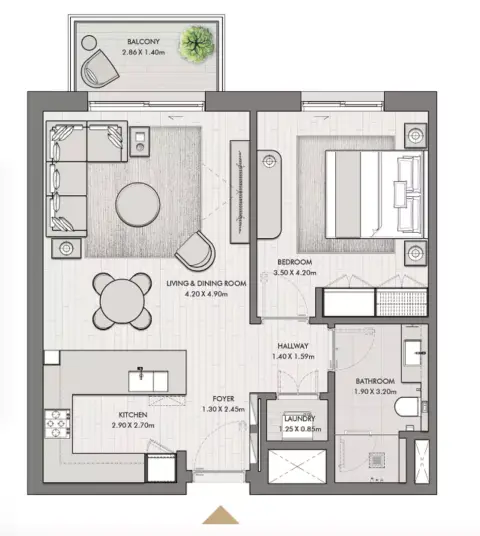 Plattegrond van 1 slaapkamer in Riwa