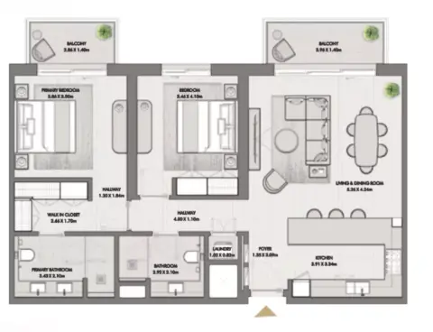 Plattegrond van 2 slaapkamers in Riwa