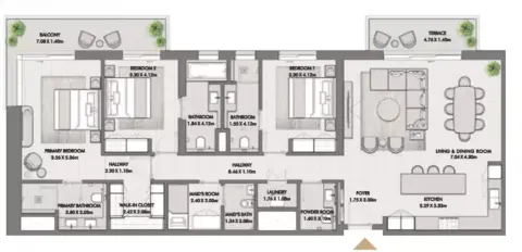 Plattegrond van 3 slaapkamers in Riwa