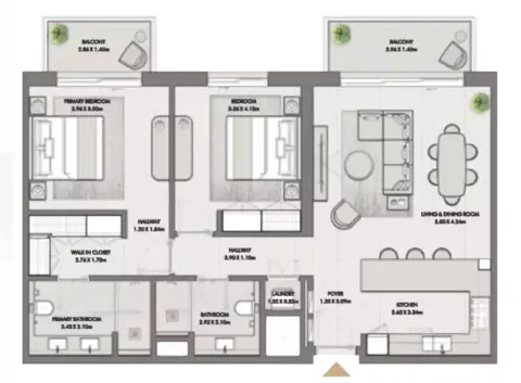Plattegrond van 2 slaapkamers in Riwa