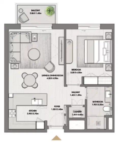 Plattegrond van 1 slaapkamer in Riwa