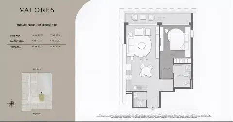 Plattegrond van 1 slaapkamer in Valores Residences