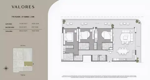 Plattegrond van 3 slaapkamers in Valores Residences
