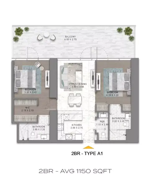 Plattegrond van 2 slaapkamers in Safa Gate