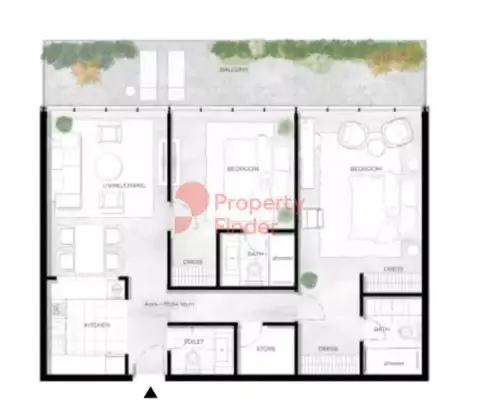 Plattegrond van 2 slaapkamers in Trussardi Residences