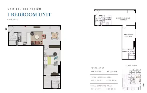Plattegrond van 1 slaapkamer in Rokane G25