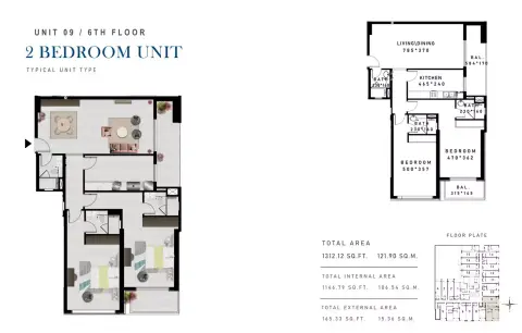 Plattegrond van 2 slaapkamers in Rokane G25