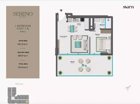 Plattegrond van 1 slaapkamer in Sereno Residences