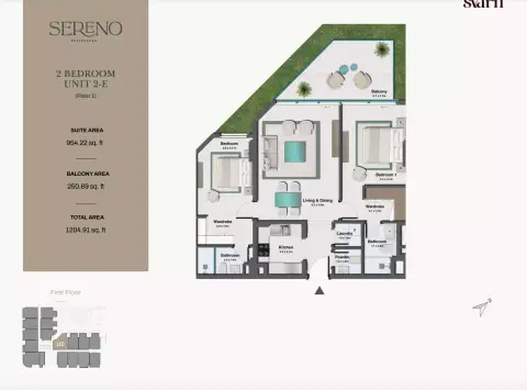 Plattegrond van 2 slaapkamers in Sereno Residences