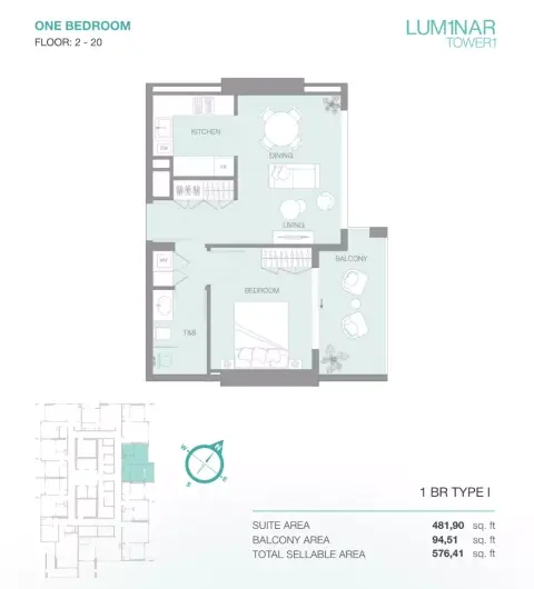 Plattegrond van 1 slaapkamer in Lum1nar Tower 1