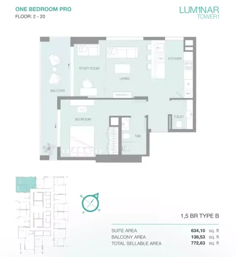 Plattegrond van 2 slaapkamers in Lum1nar Tower 1