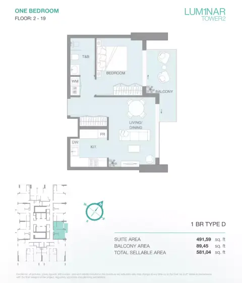 Plattegrond van 1 slaapkamer in Lum1nar Tower 2