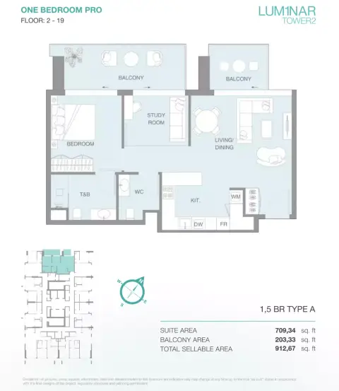 Plattegrond van 2 slaapkamers in Lum1nar Tower 2