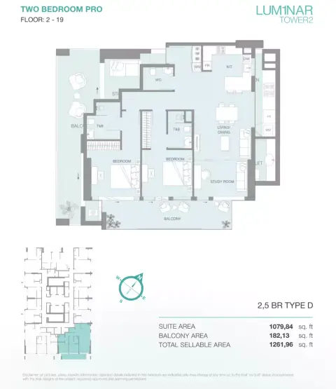 Plattegrond van 3 slaapkamers in Lum1nar Tower 2