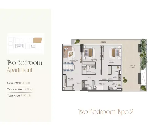Plattegrond van 2 slaapkamers in Legado