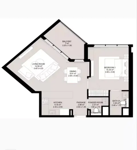 Plattegrond van 1 slaapkamer in Aura Elite