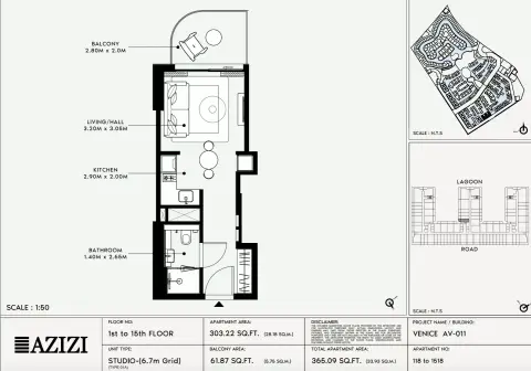 Plattegrond van Studio in Azizi Venice 11