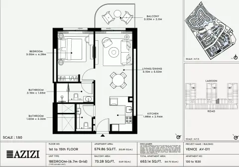 Plattegrond van 1 slaapkamer in Azizi Venice 11