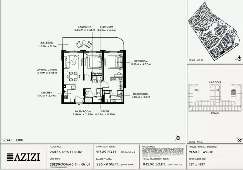 Plattegrond van 2 slaapkamers in Azizi Venice 11