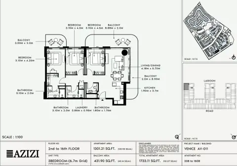 Plattegrond van 3 slaapkamers in Azizi Venice 11