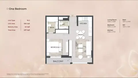 Plattegrond van 1 slaapkamer in Alba Residences