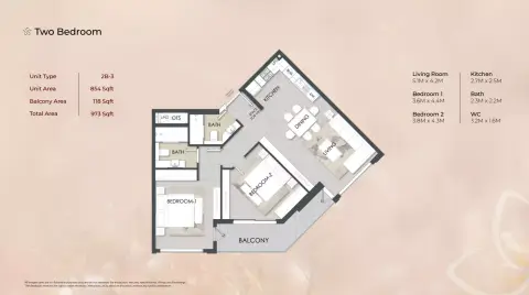 Plattegrond van 2 slaapkamers in Alba Residences