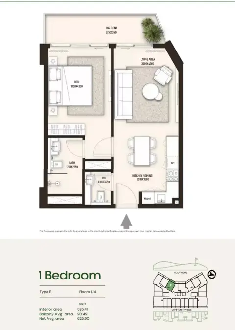 Plattegrond van 1 slaapkamer in Condor Golf Links 18