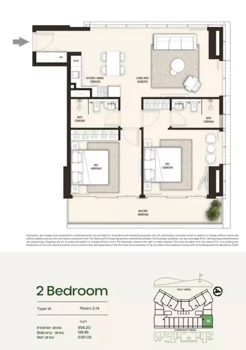 Plattegrond van 2 slaapkamers in Condor Golf Links 18