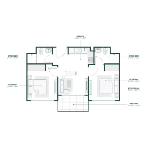 Plattegrond van 2 slaapkamers in Park Avenue Phase 3 By Azizi