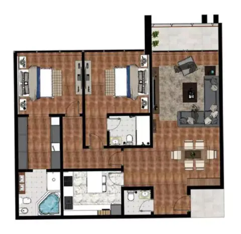 Plattegrond van 2 slaapkamers in Mariane Tower
