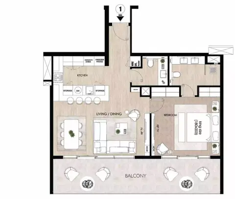 Plattegrond van 1 slaapkamer in Solcasa Residence