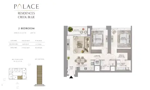 Plattegrond van 2 slaapkamers in Palace Residences Creek Blue