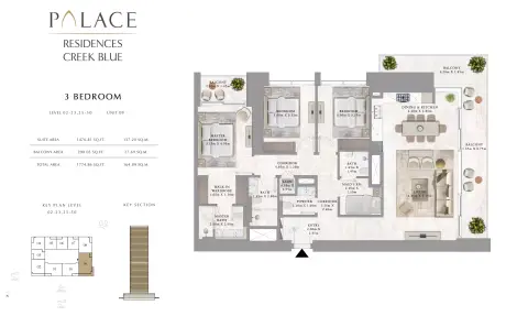 Plattegrond van 3 slaapkamers in Palace Residences Creek Blue