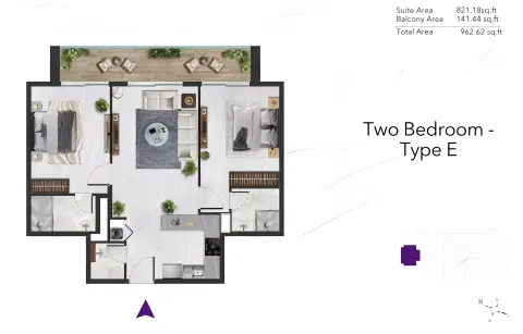 Plattegrond van 2 slaapkamers in Amethyst by Siroya