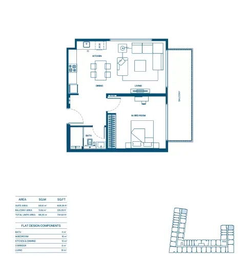 Plattegrond van 1 slaapkamer in Binghatti Aurora