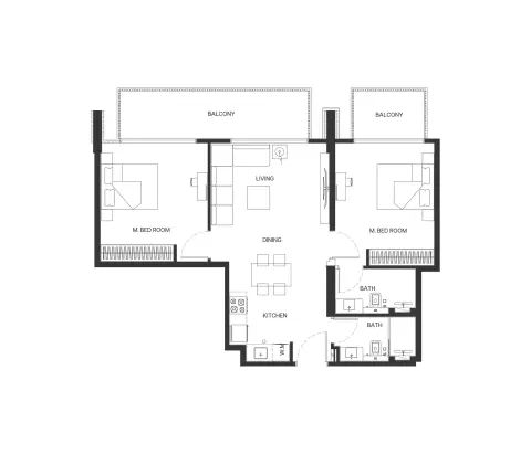 Plattegrond van 2 slaapkamers in Binghatti Aurora