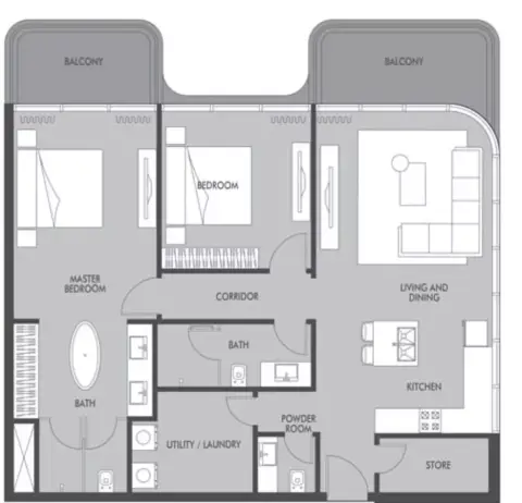 Plattegrond van 2 slaapkamers in Seaside By Prestige One